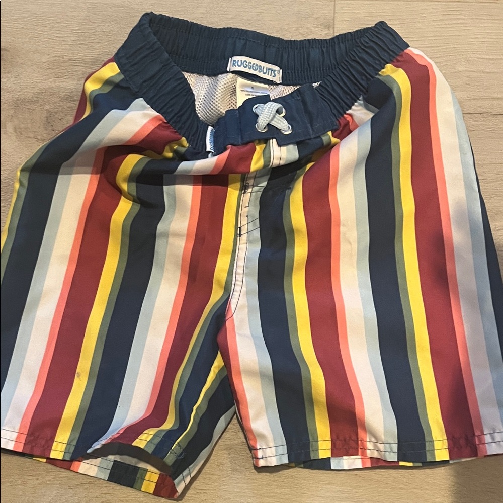 RuggedButts Kids Striped Swim Trunks - Red, Yellow, Blue
